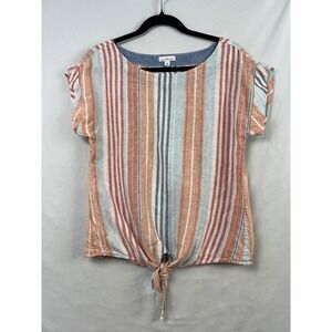 L.L. Bean Signature Linen Top Womens XS Multi Color Stripe Tie Front 503765